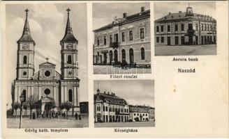 Naszód, Nasaud; Görög katolikus templom, Fő tér, Auróra Bank, Községháza, Moskovits Dávid üzlete. Kaim Mózes kiadása / Greek Catholic church, main square, bank, town hall, shop (fl)