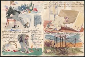 Horn Antal (1882 -?): Humoros rajzok. Akvarell, papír, jelzett. 17x25,5 cm. Levélen, postázva, Veres...