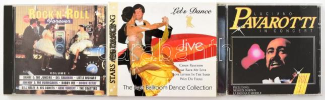 3 db zenei CD: Luciano Pavarotti - In Concert Vol. 1; Rock'n'Roll Forever Vol. 1; Let's Dance - Stars Are Dancing - Jive / The Best Ballroom Dance Collection. Vegyes állapotban.