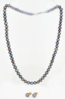 Fekete tenyésztett gyöngy nyaklánc és fülbevalópár, h: 44 cm