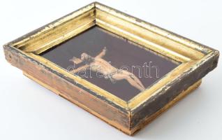 19. sz., Jézus a kereszten, festett csont, üvegezett fa kegytárgytartóban, hátoldalán Szépművészeti ...