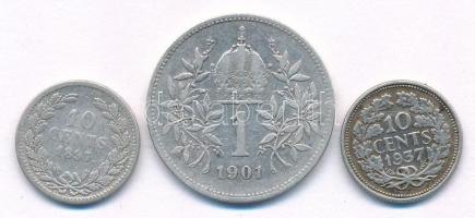3db-os Ag érmetétel, közte Ausztria 1901. 1K Ag "Ferenc József" + Hollandia 1897. 10c Ag &...