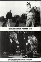 cca 1974 ,,Gyilkosságok péntek este" című angol film jelenetei és szereplői, 26 db vintage produkciós filmfotó ezüst zselatinos fotópapíron, a használatból eredő (esetleges) kisebb hibákkal, 18x24 cm