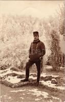 1915 Nagyszeben, Hermannstadt, Sibiu; Osztrák-magyar katona télen karddal az oldalán / K.u.k. military, soldier in winter. Emil Fischer photo