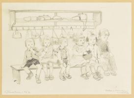 Róna Emy (1904-1988): Váchartyáni óvodások, 1952, 3 db mű. Ceruza, papír, egyik jelzett, többi Róna ...