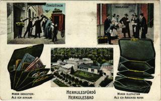 1923 Herkulesfürdő, Herkulesbad, Baile Herculane; Érkezéskor és induláskor, humoros lap pénztárcával / On arrival and departure, humour with wallets (r)