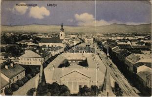 1910 Máramarossziget, Sighetu Marmatiei; látkép. Wizner és Dávid kiadása / general view + "KIRÁLYHÁZA - BUDAPEST 19. SZ." vasúti mozgóposta bélyegző (EK)