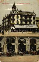 1915 Nagyvárad, Oradea; Emke kávéház, terasz vendégekkel és pincérekkel, Adriai biztosító társulat. Sipos József kiadása / café, terrace with guests and waiters, insurance company (fa)