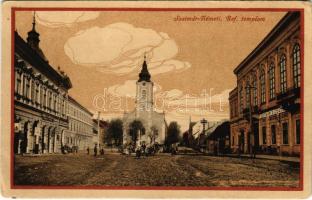 Szatmárnémeti, Szatmár, Satu Mare; Református templom, Weisz Zoltán üzlete, Singer varrógép, Szatmári Gazdasági Bank. Barth Józsefné kiadása / Calvinist church, shops, bank (kopott sarkak / worn corners)