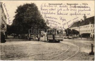 1916 Nagyszeben, Hermannstadt, Sibiu; Hermannsplatz / Hermann tér, villamos. J. Bein kiadása / square, tram (EK)