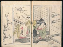 Japán, XIX. sz. Shunga könyv. Erőszak a folyóparton. Erotikus fametszetek 8 szöveg oldal + 16 kép ol...