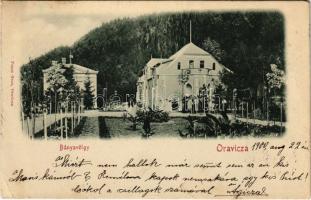 1900 Oravicabánya, Oravica, Oravicza, Oravita; Bányavölgy. Franz Grau kiadása / mine valley + "ORAVICZA - JASSENOVA 210. SZ." vasúti mozgóposta bélyegző (EK)