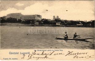 1904 Lugos, Lugoj; M. kir. törvényszéki palota és Temes folyó. Auspitz Adolf kiadása / court, Timis riverside (EK)