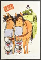 Sajdik Ferenc (1930-): A ló kérdez (Ludas Matyi címlap rajz, 1988. július 6.). Tus, akvarell, papír, jelezve jobbra lent. Kartonra kasírozva, kartonon Sajdik Ferenc nevével, címével és Ludas Matyi címlap rajz, 1988. július 6. feliratozva. 32x23 cm