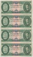 1962. 10Ft (4x) sorszámkövetők "A 721 084770 - A 721 084773" nyomdai papírránccal T:UNC,AU...