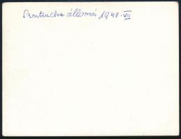 1948 Szentrendei HÉV végállomás, BSZKRT vasutasokkal, a háttérben szerelvénnyel, a hátoldalon felira...