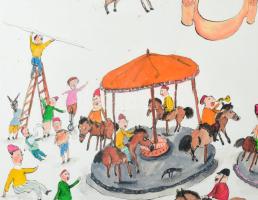 Für Emil (1967-): Merry go round, 2010. Akvarell, tus, papír, jelzett. Üvegezett, kissé sérült faker...