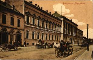 Beregszász, Beregovo, Berehove; Megyeháza, lovaskocsik, Spitz Salamon és Heinovits Jakab üzlete. Engel Jenő kiadása / county hall, shops, horse carts