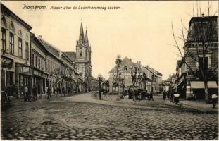 Komárom, Komárnó; Nádor utca, Szentháromság szobor, üzletek, Fektor-féle méz czukor reklám / street, Trinity statue, shops (EK)