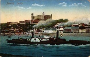 Pozsony, Pressburg, Bratislava; vár, LUITPOLD oldalkerekes vontató gőzhajó / castle, Hungarian sidewheeler steam tug + "Katonai Ápolási Ügy"