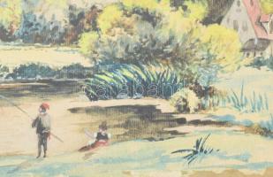 Jelzés nélkül, 2 db mű: Horgászok és hazafelé. Akvarell papír, jelzett, üvegezett fakeretben, 13,5×2...