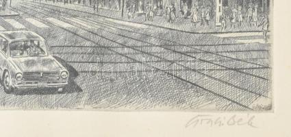 Gönczi Béla (1934-): Újpest. Rézkarc, papír, jelzett. Üvegezett fa keretben. 20×29 cm