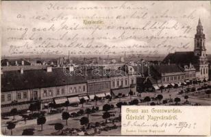 1900 Nagyvárad, Oradea; Kispiac tér, Huzella M. és Ausländer üzlete, ortodox zsinagóga. Pauker Dániel kiadása / square, market, shops, Orthodox synagogue (vágott / cut)