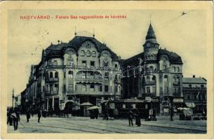 1915 Nagyvárad, Oradea; Fekete Sas nagyszálloda és kávéház, villamos, Ernyei Lajos és Cziller Imre üzlete / hotel and café, tram, shops