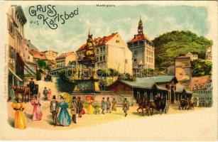 Karlovy Vary, Karlsbad; Marktplatz / market square. Aquarellkarte Regel & Krug Art Nouveau litho