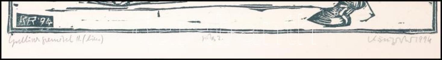 König (Kőnig) Róbert (1951-2014): Gulliver szemével II. Linómetszet, papír, jelzett. Próbanyomat pró...