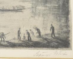 Szőnyi István (1894-1960): Dunai hajósok Rézkarc, papír, jelzett. , üvegezett fakeretben 9x15 cm