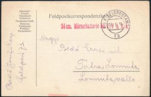 1916 24 cm. Mörserbatterie No. 7./F A R. 6. levelezőlap K.u.k. Feldpostamt pecséttel, Isonzo Armee 1...