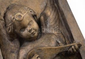 Lantos angyalka. Bronzírozott gipsz plasztika., nagy méret 59x23 cm Kis kopásokkal