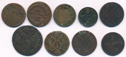 9db-os, főleg Habsburg krajcárból álló tétel, közte 1766K Rézdénár "zárt korona" + 1781B 1...