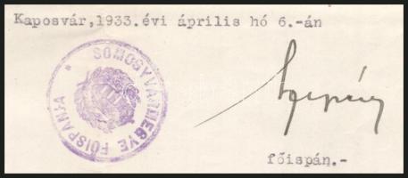 1933 Kaposvár, Somogy vármegye főispánja által kiállított tiszteletbeli főorvosi kinevező okirat Dr....