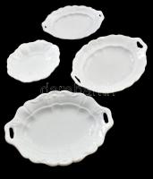 4 darab antik fehér porcelán pecsenyés tál, klf jelzésekkel, domború díszítéssel, közte Zsolnay, közte repedéssel, kopással h: 20-32 cm