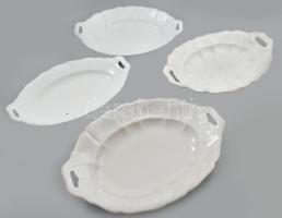 4 darab antik fehér porcelán pecsenyés tál, klf jelzésekkel, domború díszítéssel, közte sérüléssel, kopással h: 39-56 cm