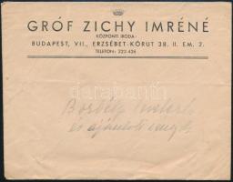 cca 1935-1940 Gróf Zichy Imréné fejléces boríték, 16x12 cm