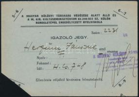cca 1935 A Magyar Külügyi Társaság védnöksége alatt álló nyelviskola igazolójegye, egyik sarkát levágták
