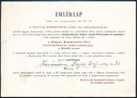 1946 A Magyar Kommunista Párt III. kongresszusának emléklapja, MKP VI. kerületi szervezete tagjának kiállítva. Középen hajtott, apró szakadással, 17x12,5 cm