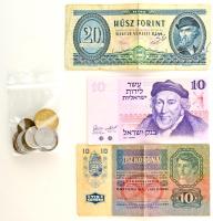 3db vegyes magyar és külföldi bankjegy, közte Izrael 1973. 10P + 18db-os külföldi, nagyrészt lengyel érmetétel T:vegyes