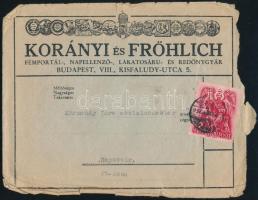 1938 Korányi és Fröhlich fémportál-, napellenző-, lakatosáru- és redőnygyár fejélces boríték, bélyegzéssel, szélein sérült