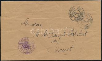 1897 Levél címszalagból az S.M.S. Leopardról küldve Triesztbe. / Wrapper made into an envelope mailed from S.M.S. Leopard addressed to the General Post Office in Trieste. &quot;K. und K. KRIEGS-MARINE S.M. SCHIFF LEOPARD&quot;