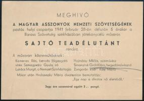 1941 Meghívó a Magyar Asszonyok Nemzeti Szövetsége által a Baross Szövetség székházában rendezett sajtó teadélutánra