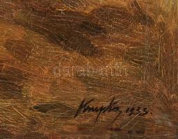 Krupka Ferenc (1870-?): Juhász kutyájával, 1933. Olaj, vászon, jelzett. Javított. Jobb alsó sarkában...