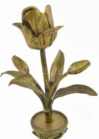 Antik bronz tulipán szobor vázában. Sérült, a virágszár csavarozása kilazult. Talp: 6x6 cm, m: 22 cm