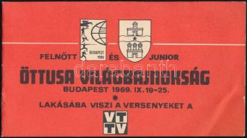 1969 Öttusa Világbajnokság Budapest, Videoton reklámprospektus, benne a versenyszámok helyezéseinek kitöltetlen táblázataival