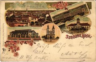 1899 (Vorläufer) Szabadka, Subotica; városháza, törvényszéki palota, templom, vasútállomás. Víg Zsig. Sándor kiadása / town hall, church, court palace, railway station. O.Z.M. Art Nouveau, floral, litho + "SZABADKA O. UDV" (EK)