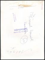 1972 Csepel-Honvéd kosárlabda mérkőzés, a lelátón Videoton reklámokkal, sajtófotó, a hátoldalon feli...