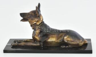 Szépen kidolgozott, bronzírozott fém kutya szobor, vékony márvány talpon. h: 18x11 cm